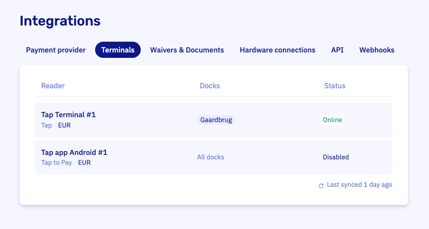 The Terminals tab on the integrations page, listing readers with their dock and status